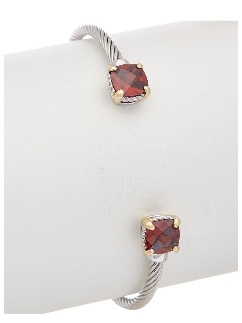 Twisted Cable Open Cuff Bracelet with Deep Red Cushion Stones